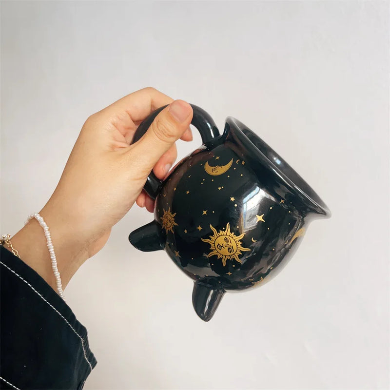 Cauldron Coffee Mug 350ml Black Ceramic Witch Mugs,Adorable Sorceress’s Potion Themed Cups,Ideal for Christmas Thanksgiving Part