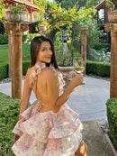 the BALLERINA - Flower Print Fluffy, Women's Lace Up Slimming Strap Party Gown Pleated Skirt Hemline Halter Beach Suspender Dresses