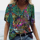 the RAINBOW KITTY - V-Neck T-shirt Women's Summer Casual Oversize Dazzle Color Cats Print Shirt Short Sleeve Top Vintage Streetwear