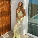 the LEMONELLO - Yellow Sequins Maxi Beach Dress, Women Sexy Backless Slim Party Fishtail Dress, Summer Mesh Patchwork Sheer Holiday Dress