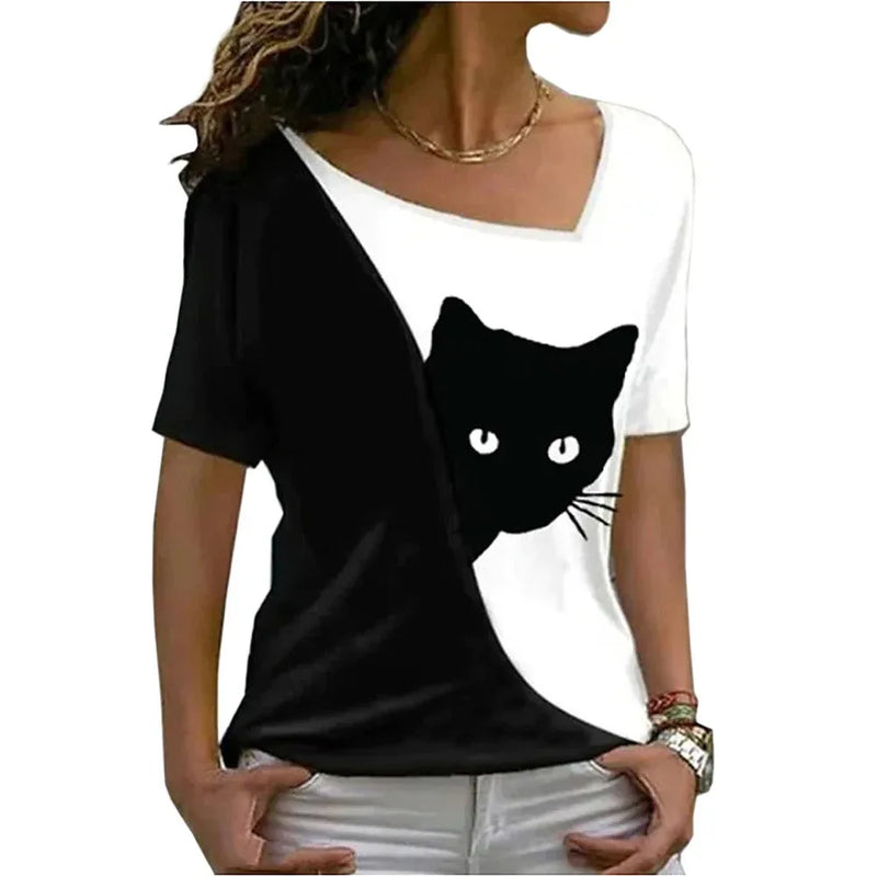 Summer Kitten Cat 3D Print T-Shirts Women Irregular V-Neck Short Sleeve T Shirt Harajuku Tees Oversized Y2k Tops Female Clothing