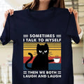 the PSYCHO CAT - Black Cat Drinking Coffee Pattern Printed Creative Cat Short-Sleeved T-Shirt