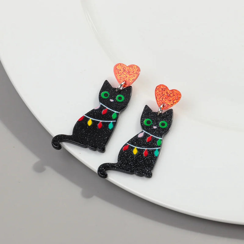 the BLACK CAT COLLECTION - Christmas Hat Black Cat Acrylic Earrings Pendant Cute Xmas Colored Lights Cats Drop Earring New Year Jewelry Gifts