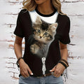 Cute Cat Print Crew Neck T-Shirt Casual Short Sleeve T-Shirt For Spring&Summer Women's Clothing Fashion Trend Pullover Tops