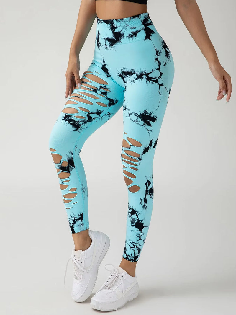 the SHREDDED LEGGINGS - Seamless Yoga Tie-Dye Skinny Hollow Out High Waist Scrunch Butt Sports Fitness Leggings