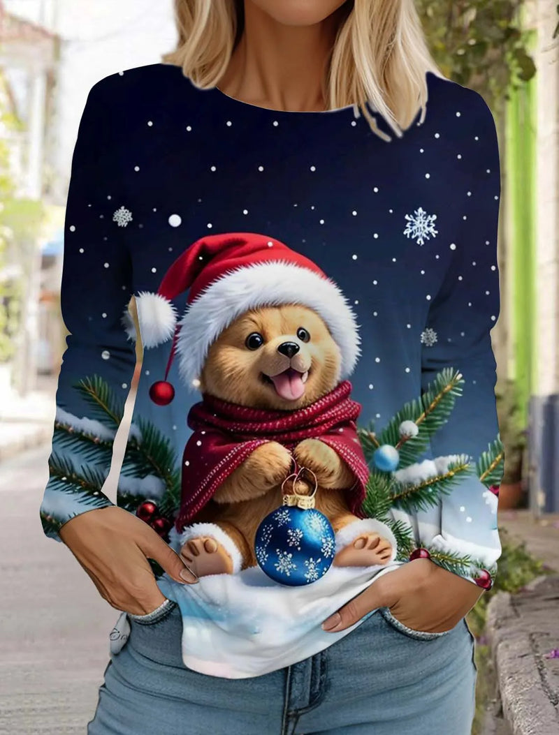 Fashion Christmas Women's Long Sleeved T-shirt Casual Christmas Cute Cat&Dog Holiday gifts Tops Harajuku Animal Women's Clothing