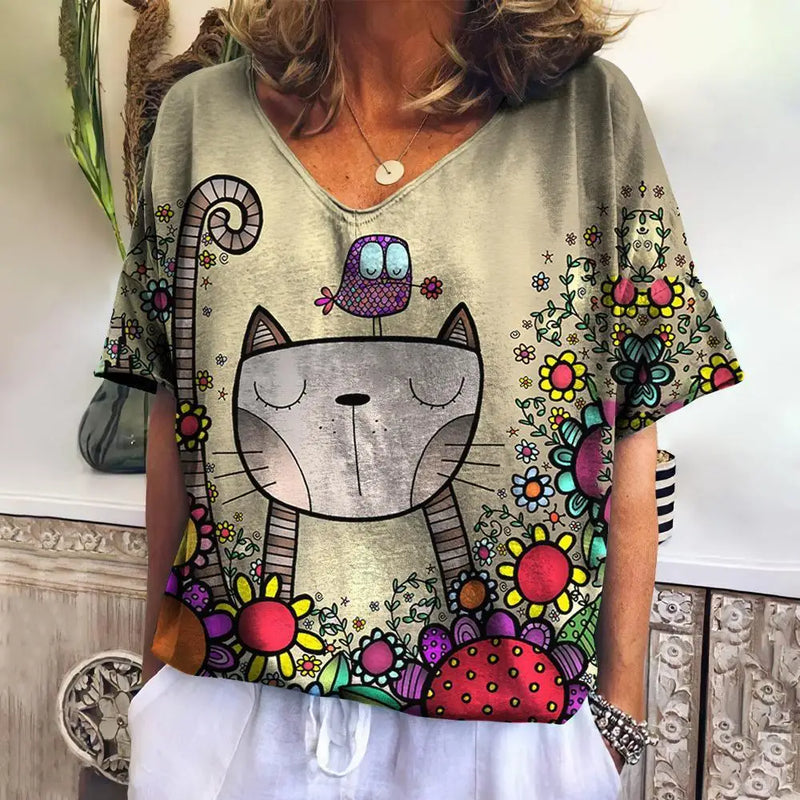 the DECO ART CAT - Cat Print Loose Leisure Summer Short Sleeve V-Neck T-Shirts for Women