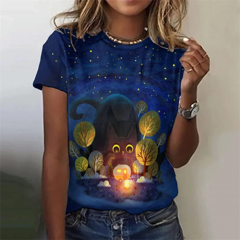 Cartoon Night Cat Pattern T-Shirt For Women Flash Stars Moon 3D Printed Tees Summer Loose T Shirts O-Neck Tops Short Sleeves