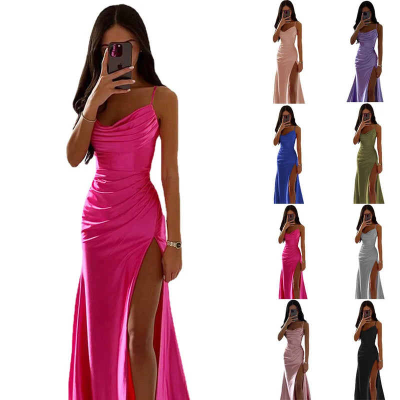 the SABRINA - Sexy Slim Fit Wrap Hip Pleated Split Satin Dress