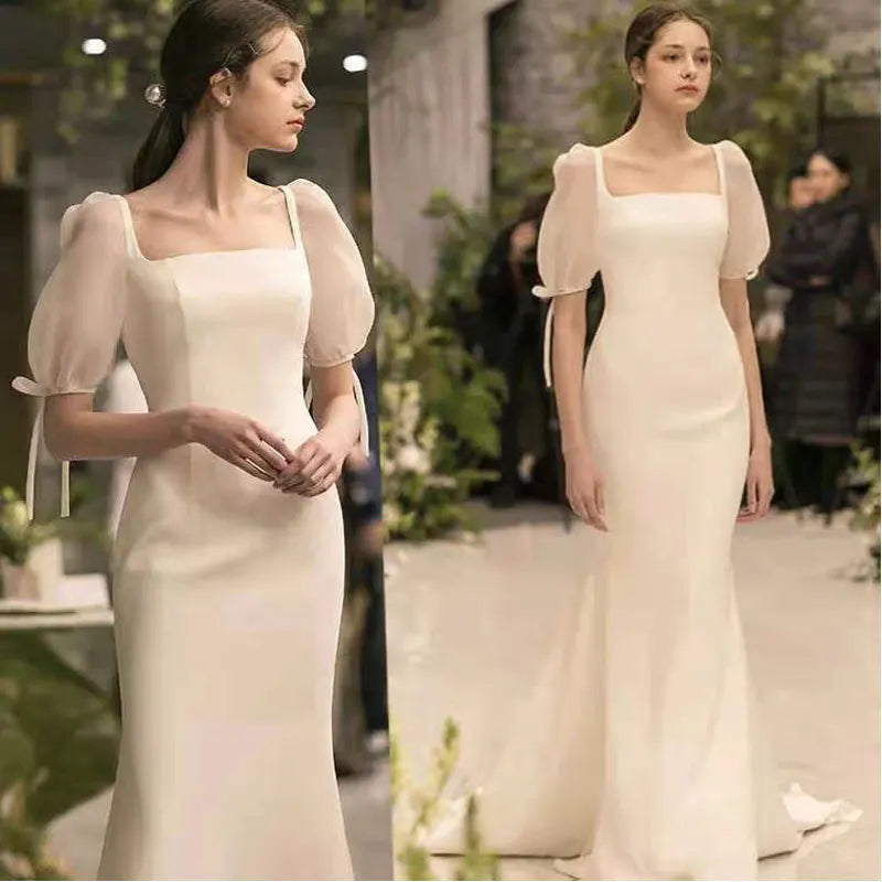 the MEGAN - Wedding Bride Satin Retro Light Dress Square Neck Fishtail Thin Simple Gowns