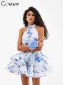 the DIXIE PIXIE - Halter Lace Up Sweet Women Mini Dress, Sexy Backless Ruffle Stacked A-Line Bodycon Female Fashion Princess Party Dress