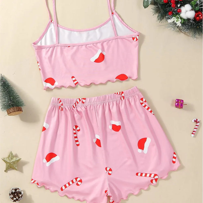 the SANTA SLEEPWEAR - Women's 2 Pieces Pajama Set Sleeveless Spaghetti Strap Christmas Print Cami Sleepwear Shorts Sets Girls Nightwear Home Clothes