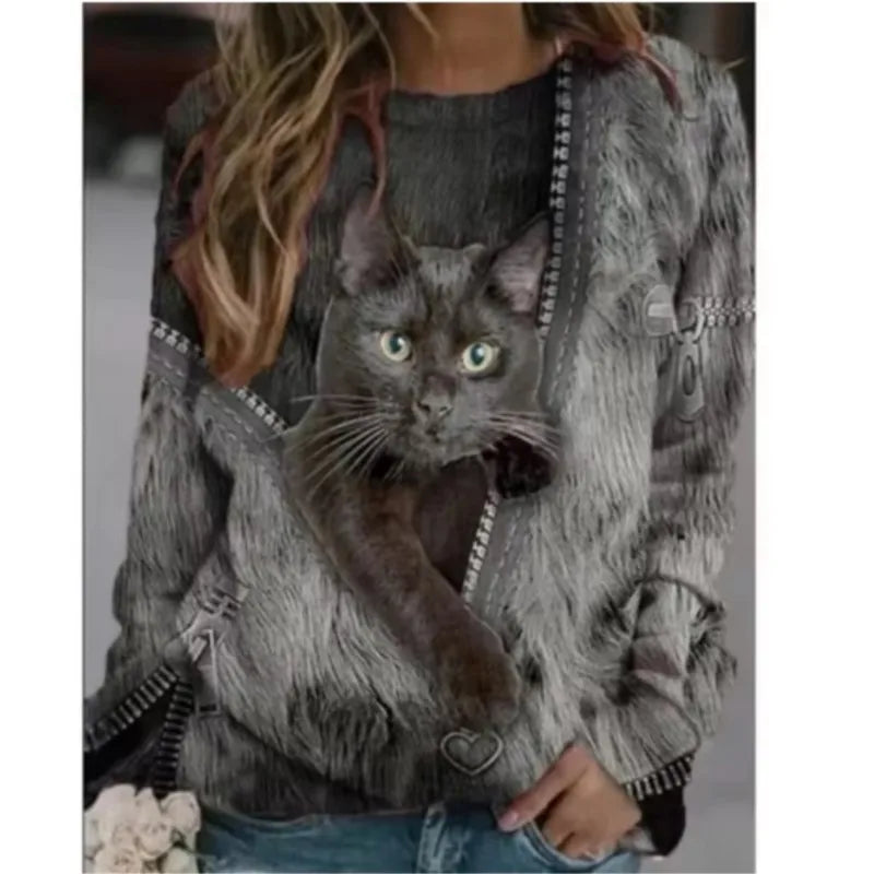 the CAT MOM - 3D Print Casual Long Sleeve Oversized Loose T-Shirts for Women