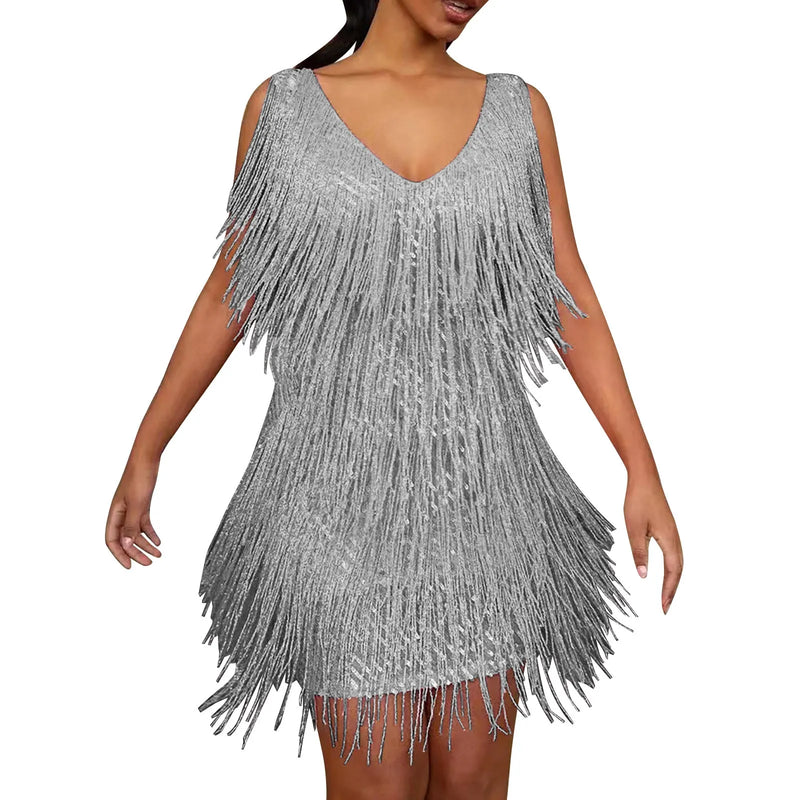 the TINA - Sexy Tassel Sequins Feather Mini Dress Spaghetti Strap Dresses Elegant Evening Party Club Dress