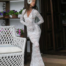 the LACE LUNCH DATE - Lace Transparent Sexy Hollow Out Maxi Dress, Elegant Outfits Women Flare Sleeve V-Neck Party/Club Dresses