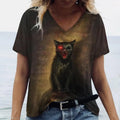 the SHADOW BLACK CAT - Cute Cat Pattern Print V-Neck Short Sleeve Fashion T-Shirts for Women