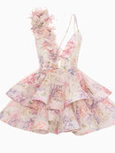 the BALLERINA - Flower Print Fluffy, Women's Lace Up Slimming Strap Party Gown Pleated Skirt Hemline Halter Beach Suspender Dresses