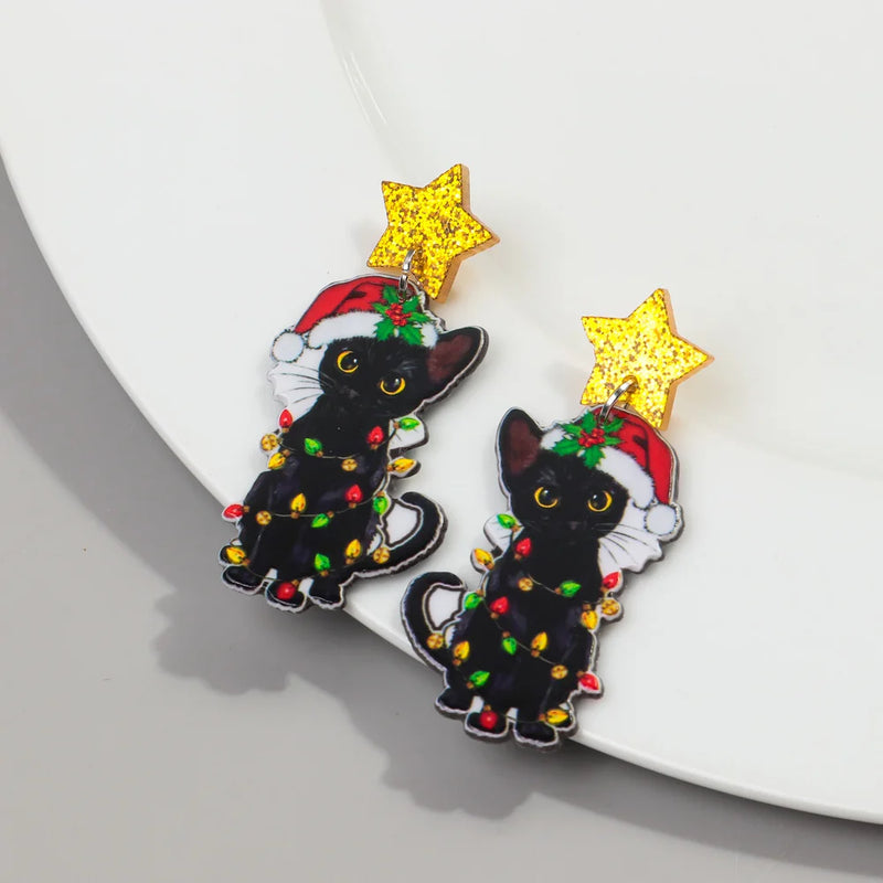 the BLACK CAT COLLECTION - Christmas Hat Black Cat Acrylic Earrings Pendant Cute Xmas Colored Lights Cats Drop Earring New Year Jewelry Gifts