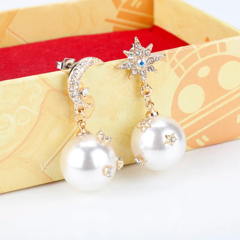 the GLAM GIRL COLLECTION - Earrings Time Key Moon Stick Crystal Pearl Dangle Earrings Kawaii Christmas Gift