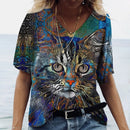 the RAINBOW KITTY - V-Neck T-shirt Women's Summer Casual Oversize Dazzle Color Cats Print Shirt Short Sleeve Top Vintage Streetwear