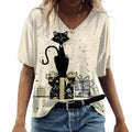 the JAZZ CATS - Cartoon Cat Print Summer Short Sleeve V-Neck Fashion Casual T-Shirts for Women