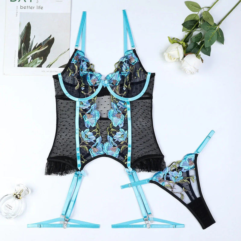 the BLUE ORCHID - Sexy Lingеrie Floral Embroidery Attractive Suspenders Bra Set Women Sex Underwear Fancy Hot Corset Intimate