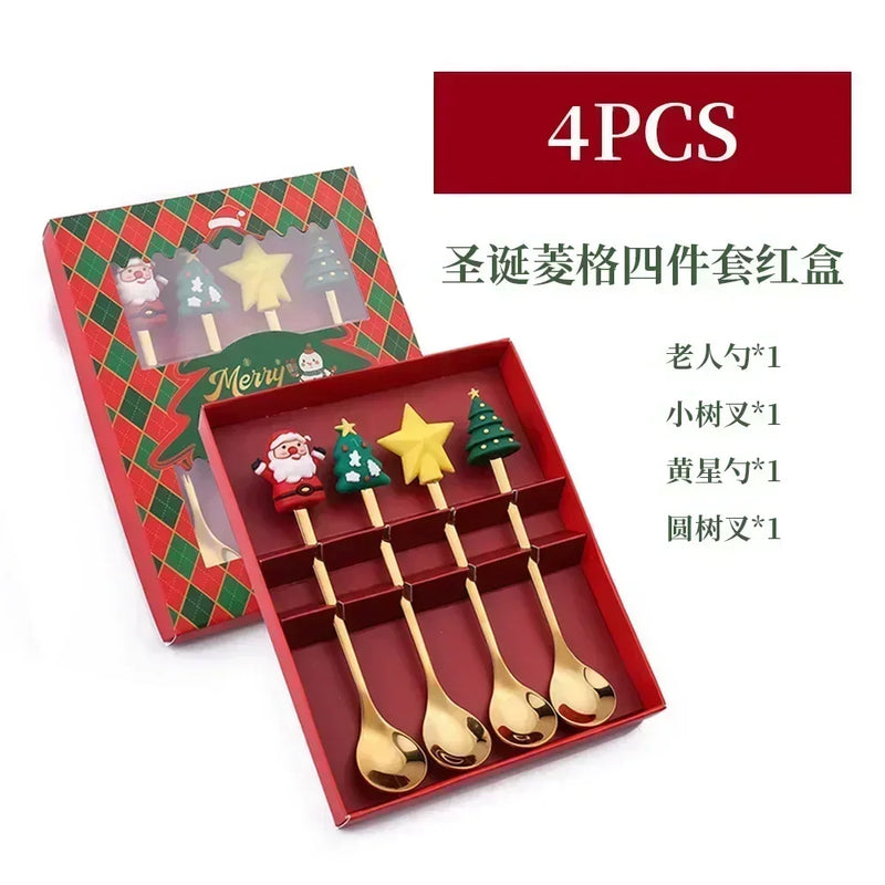 the SPOONFUL - 4pcs Christmas Elk Head Shape Stainless Coffee Spoon New Year Christmas Decoration Table Decor for Home Navidad Gifts