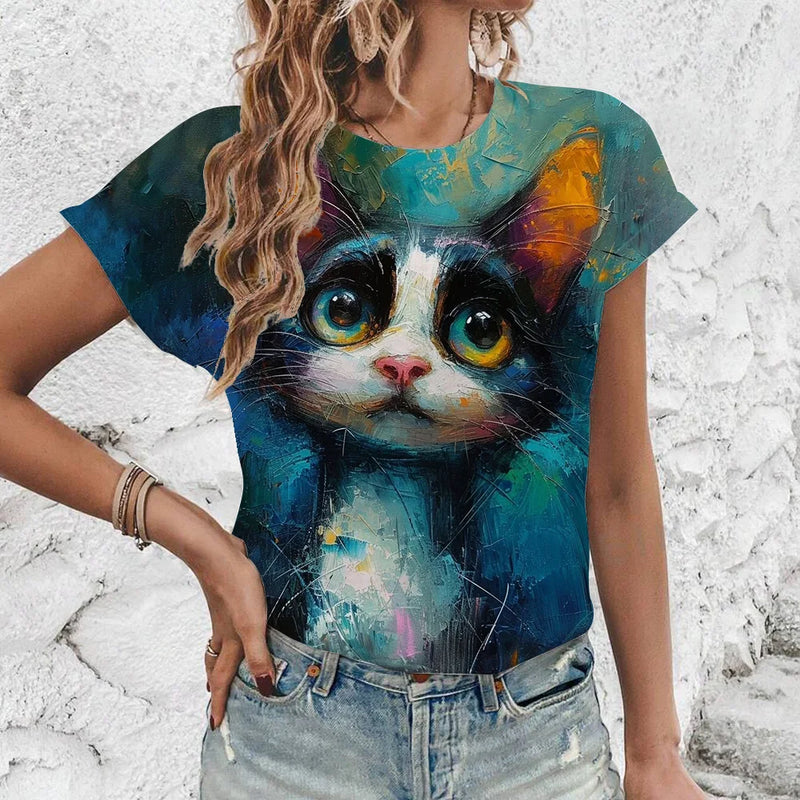 Fashionable And Comfortable Street Quirky Fun Cat Print Plus Size T-shirt For Daily Lightweight Women's O-neck Short Sleeved Top