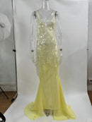 the LEMONELLO - Yellow Sequins Maxi Beach Dress, Women Sexy Backless Slim Party Fishtail Dress, Summer Mesh Patchwork Sheer Holiday Dress