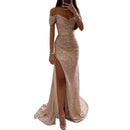 the CHLOE - Elegant Gown Dress V-Neck Off Shoulder Sequin Pleated Waist Tight Evening Split Long Maxi Dress