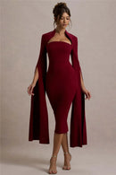 the MERLOT - Cape Long Sleeve Sexy Midi Dress for Women Autumn/Winter New Square Collar Back Slit Bodycon Club Party Long Dress