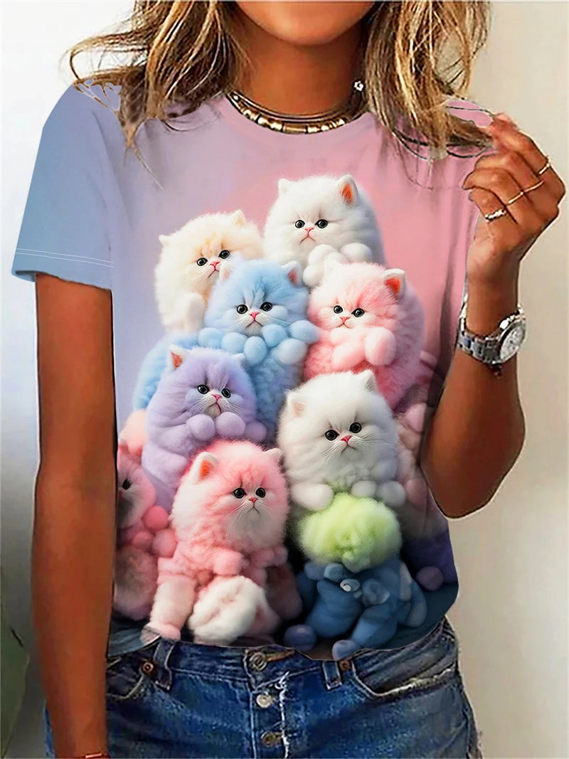 Fashion Summer Cartoon Animal Cat 3D Print T-shirts Women Streetwear Casual Y2k Short Sleeve T Shirt O-neck Tees Tops Clothing