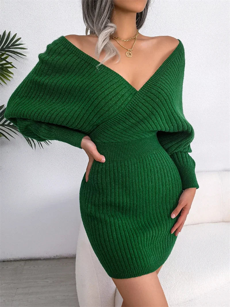 the GABRIELLA - Sexy Deep V Neck Sweater Dress Fashion Casual Batwing Sleeves Pencil Skirt Wrap Hip Dresses