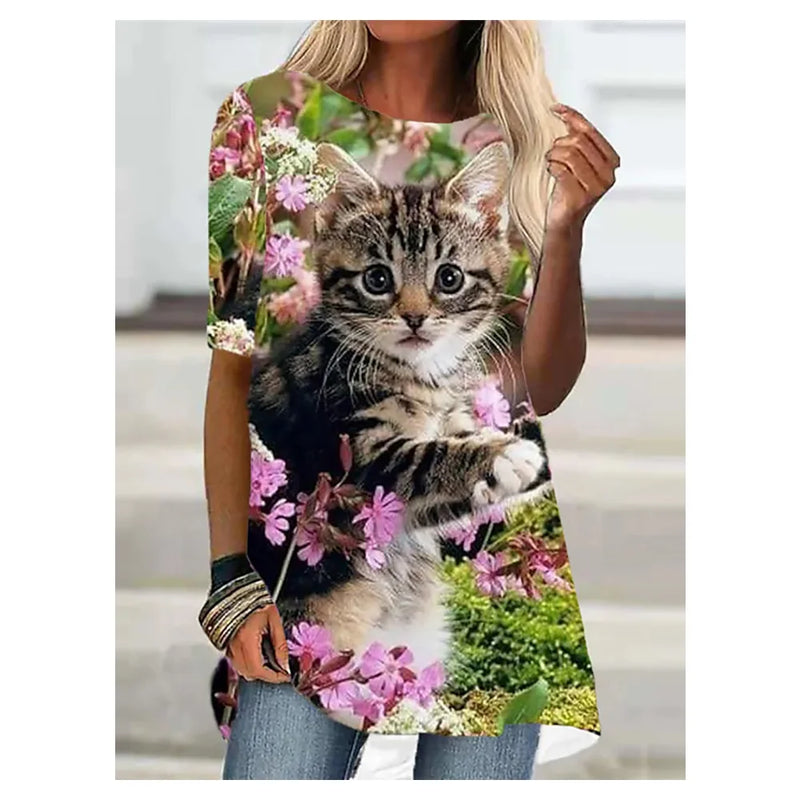 the CAT LOVER - Oversized 3D Print Cat Graphic Loose Streetwear O-Neck Short Sleeves T-Shirts for Women