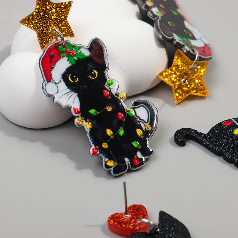 the BLACK CAT COLLECTION - Christmas Hat Black Cat Acrylic Earrings Pendant Cute Xmas Colored Lights Cats Drop Earring New Year Jewelry Gifts