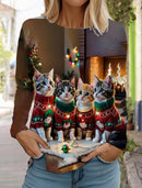 the CHRISTMAS CATS - Fashion Christmas Long Sleeved Casual Christmas Cute Cat & Dog Holiday T-Shirts for Women