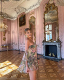 the ELEGANT ROSE - Chiffon Ruffle Dress for Women, Fashion Print Mini A-Line Holiday Party Dresses, Summer Sexy Backless Strapless Dress