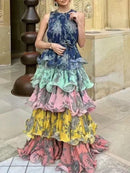 the PRETTY PASTEL - Spring/Summer Women's Sleeveless Tie-Waist Ruffle Tiered Midi Dress with Contrasting Details Party Vacation Dress