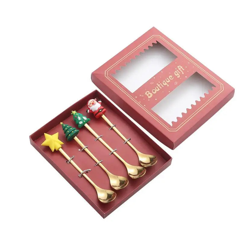 the FANCY SERVING - Christmas Gift Elk Head Christmas Tree Shape Stainless Coffee Spoon Set New Year Christmas Decoration Navidad 2025 Gifts