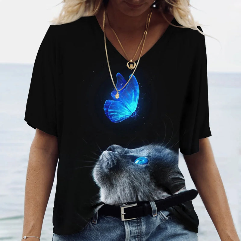 the HUNGRY CAT - Cat Print 3D Cat Print Short Sleeve V-Neck Casual T-Shirts for Women