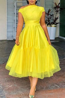 the STEPFORD WIFE - Plus Size Elegant A-Line Tulle Midi Dress for Women, Off the Shoulder Party Club Wedding Guest Prom Mid-Waist Dresses