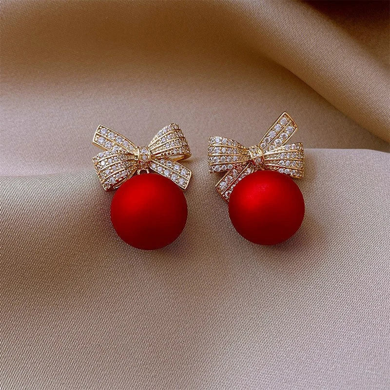 the SWEETHEART -  Ball Crystal Drop Earrings Elegant Pearl Bow Knot Stud Earrings Girl Christmas Jewelry Xmas Party Gift