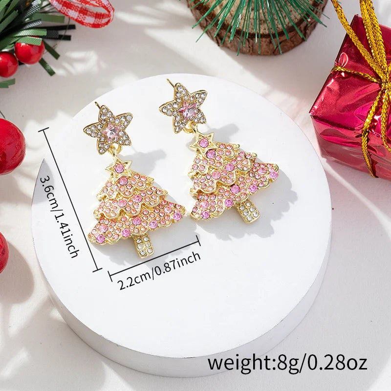 the CHRISTMAS TREE COLLECTION - Sweet Pink Christmas Tree Earrings Luxury Sparkling Zircon Dangle Earrings Xmas Holiday Party Jewelry