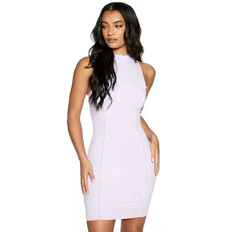 the HEIDI - Sexy Slim Wrap Hip Solid Patchwork O-Neck Sleeveless Mini Dress