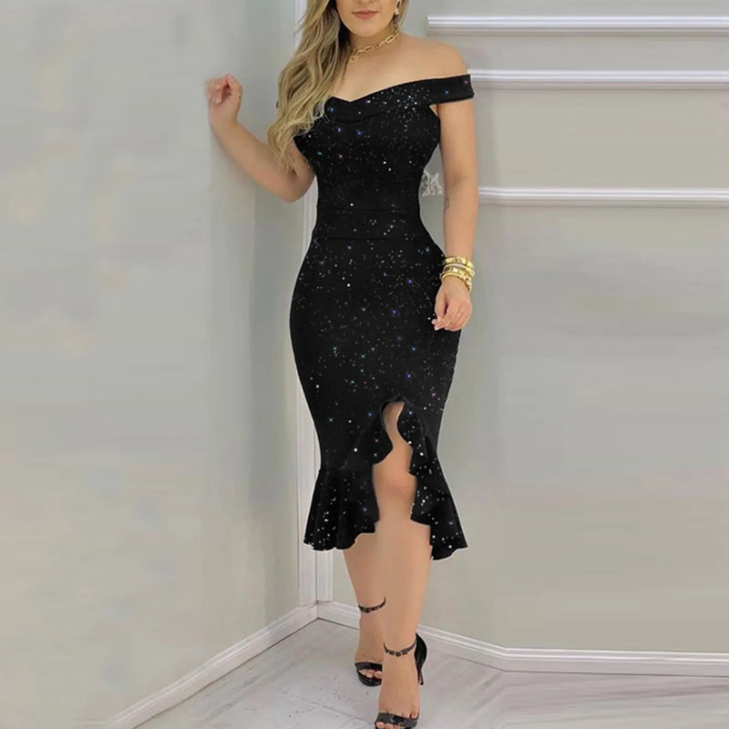 the MICHELLE - Sexy Off Shoulder Sequin Ruffle Dress