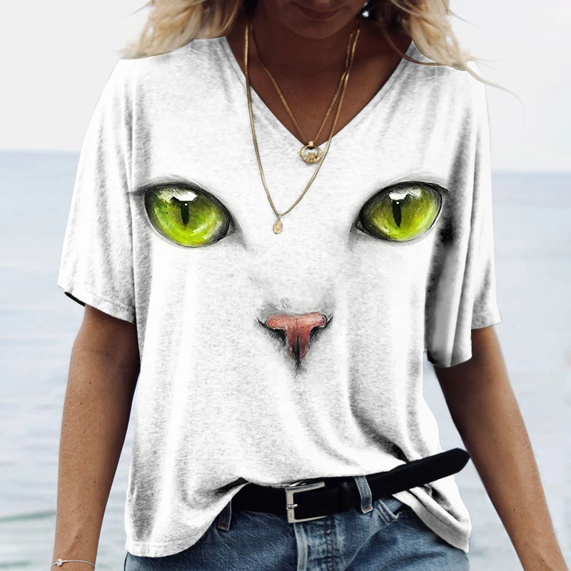 the BLACK CAT EYES - Cat 3D Print Short Sleeve V-Neck Oversized T-Shirt Tops for Women