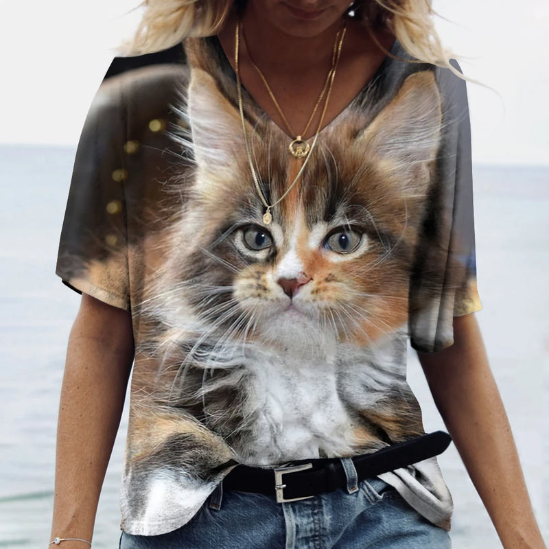 Fashion Woman Blouses 2023 T-Shirt Women's 3d Cats Print Black Kawaii T Shirt Female Clothing Oversized Summer Ladies V-Neck Top