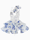 the BALLERINA - Flower Print Fluffy, Women's Lace Up Slimming Strap Party Gown Pleated Skirt Hemline Halter Beach Suspender Dresses