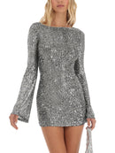the NICOLE - Sexy Shiny Sequins Sparkly Glitter Crewneck Long Flare Sleeve Backless Mini Dress