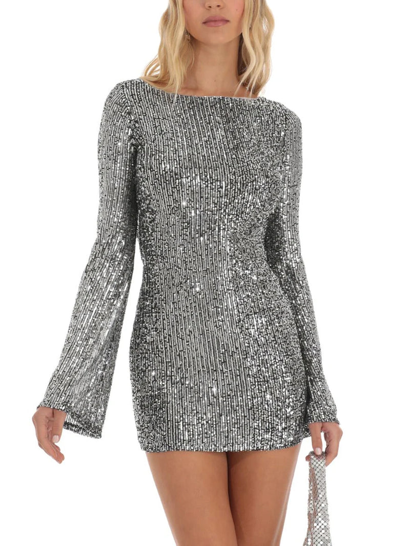 the NICOLE - Sexy Shiny Sequins Sparkly Glitter Crewneck Long Flare Sleeve Backless Mini Dress